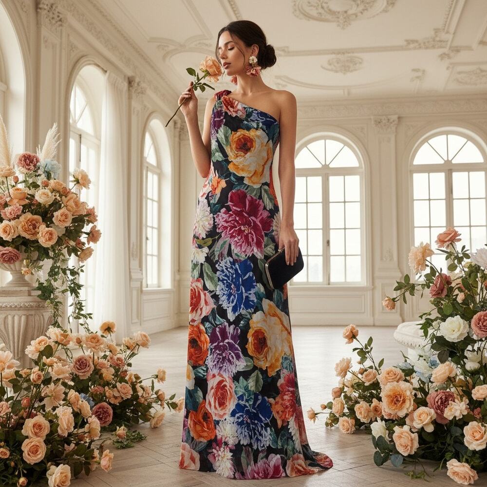 Xscape One‑Shoulder Multicolor Floral Maxi dress– Size 6, NWT, Zip Closure
